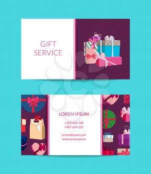 Vector gift service, shop business card template with gift boxes or packages illustration