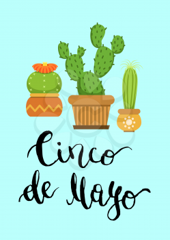 Cacti in pots in flat style and Cinco De Mayo lettering illustration