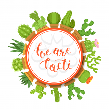 Vector illustration with cacti in pots under framed circle with shadow and lettering