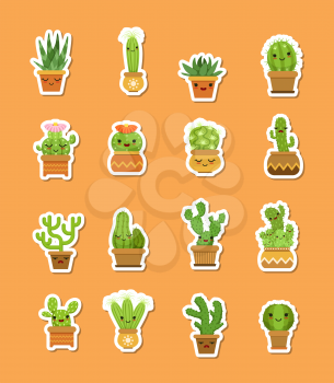 Vector cacti in pots flat style stickers isolated on plain background illustration