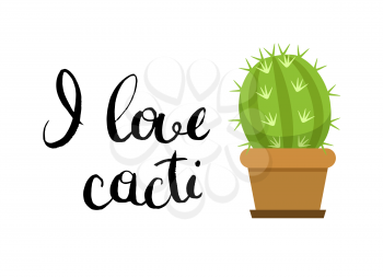 Vector horizontal illustration with cute cactus in pot and lettering on plain background