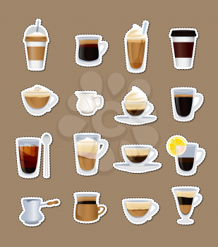 Vector coffee types stickers of set isolated on plain background illustration