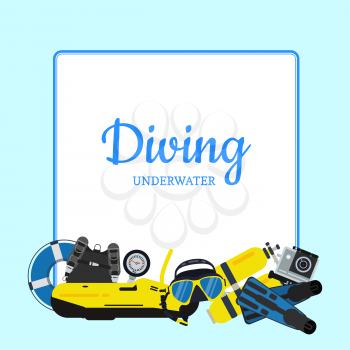 Vector underwater diving elements pile below frame with place for text illustration