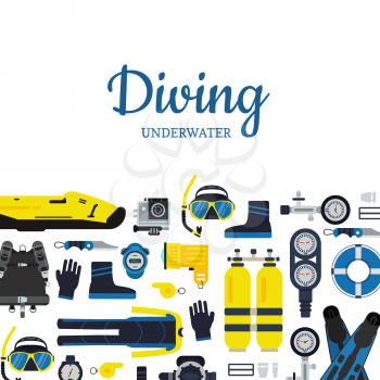 Vector banner and poster underwater diving equipment illustration in flat style