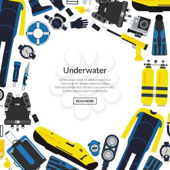 Vector underwater diving equipment illustration with round empty space for text