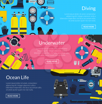 Vector colored underwater diving horizontal banner poster templates collection illustration