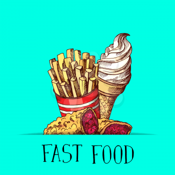 Vector hand drawn colored fast food ice cream, pie and fried potatoes gathered together illustration