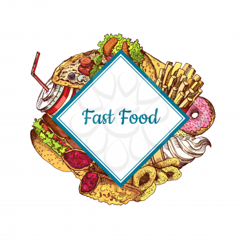 Vector hand drawn colored fast food elements gathered under squared rectangle illustration isolated on plain background