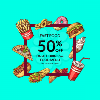 Vector sale illustration with colored hand drawn fast food elements around a bold frame