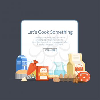Vector cooking ingridients or groceries elements pile below frame with place for text illustration