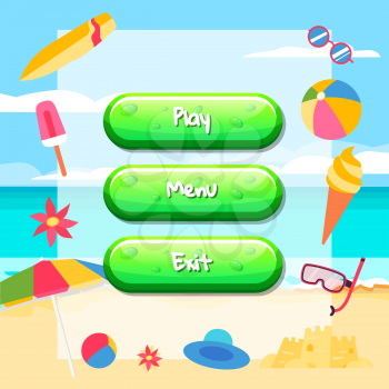 Vector cartoon style buttons with text for game design on beach background with ice cream, surfboard, ball. Game button interface user application menu illustration