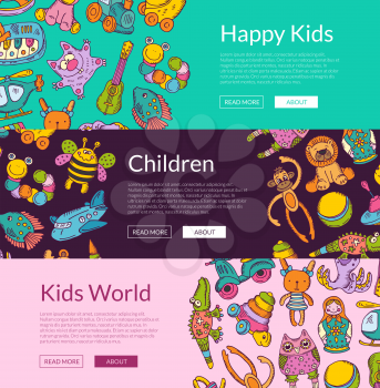 Vector horizontal banners with place for text and hand drawn children or kid toys elements illustration