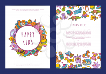 Vector card template with place for text and hand drawn children toys on background illustration