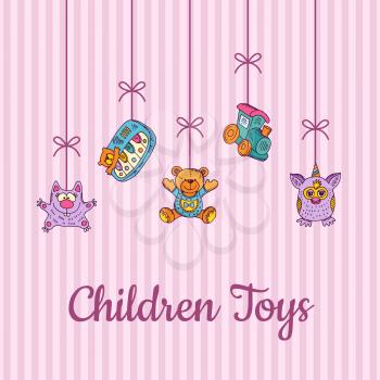 Vector kid toys sketched and colored hanging from the top on stripy pink background and place for text illustration