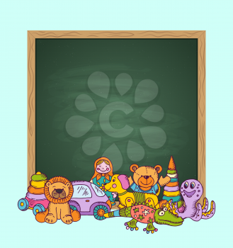 Vector green chalkboard illustration with place for text and pile of kid toys hand drawn and colored. Toys for child and chalk board cartoon