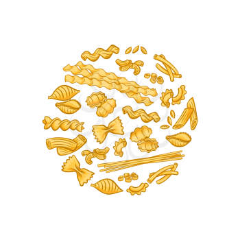 Vector cartoon pasta types circle flame badge and label concept illustration