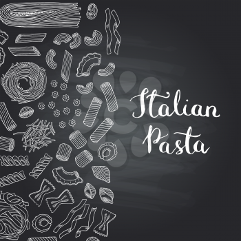 Vector hand drawn contoured pasta types on chalkboard background with lettering illustration