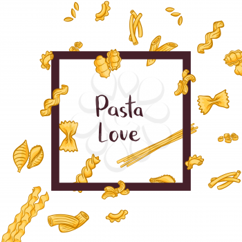 Vector pieces of different pasta types flying through a frame with place for text illustration
