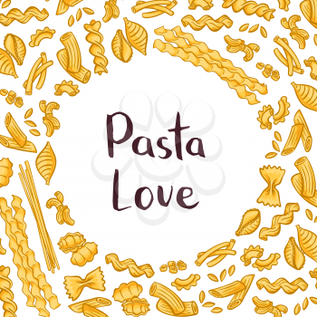 Vector pasta elements background illustration with plain space for text in center. Italian pasta design, macaroni and spaghetti