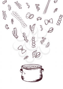 Vector hand drawn pasta pieces flying from pan concept illustration