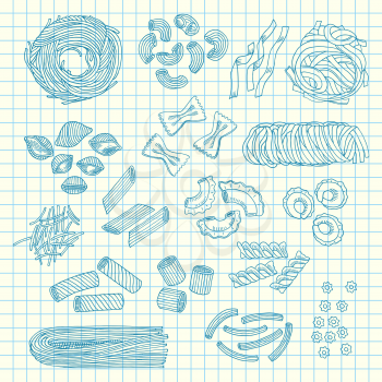 Vector hand drawn pasta types on notebook cell sheet illustration