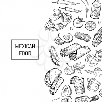 Vector sketched mexican food elements background with place for text illustration