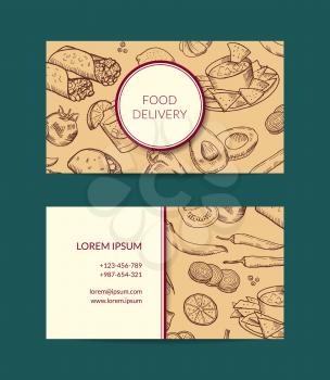 Vector business card template for restaurant, shop or cafe delivery with sketched mexican food elements illustration