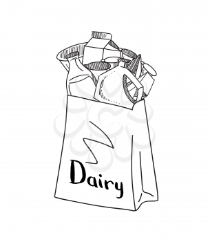 Vector sketched dairy products gathered in paper bag with dairy illustration