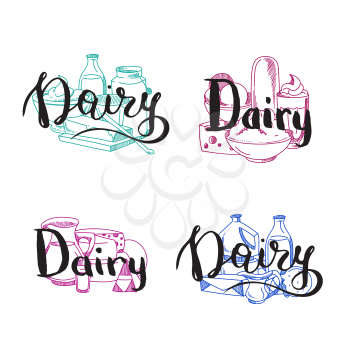Vector piles of milk products set with dairy letterings above them illustration
