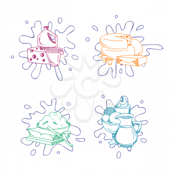 Vector piles of milk products set with milk splashes under them illustration
