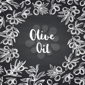 Vector hand drawn olive branches background with circle space in center for text on black chalkboard illustration