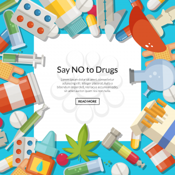 Vector drugs types background with white square and place for text. Drug medical and addiction pill and tablet illustration