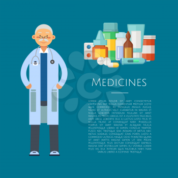 Vector illustration with medical doctor character and pile of medicines and pills with place for text