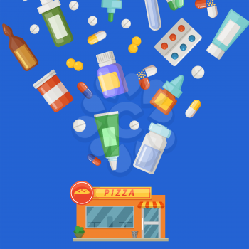 Vector concept illustration with medicines, potions and pills flying from pharmacy building