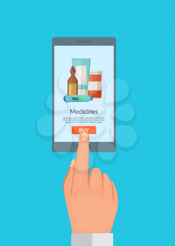 Vector buy online medicines concept illustration for pharmacy store. Medicine online pharmacy on phone
