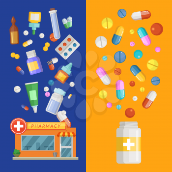 Vector medicines vertical banner templates with medicines and pills spreading out of pharmacy and bottle. Pharmacy and drug in bottle banner, medication and pharmaceutical illustration