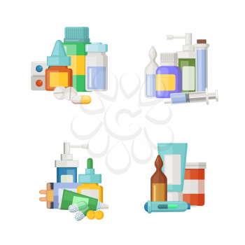 Vector cartoon medicines, potions and pills piles set. Medical drug for health, medicine pharmacy pills illustration