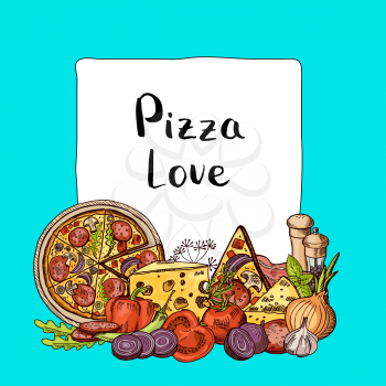 Vector italian pizza sketched elements pile below frame with place for text illustration