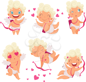 Cupid angels characters. Amur hunter baby eros greece romantic cute children with bow vector mascot poses. Angel love valentine, cherub character with bow and arrow illustration