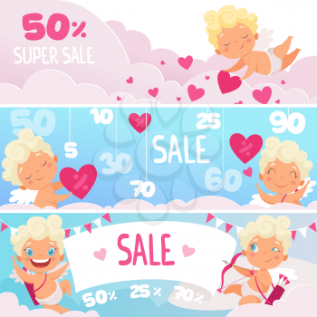 Valentine day sale banners. Red hearts cute funny cupids with bow romantic symbols vector market or web labels. Sale banner with amur cupid, consumerism advertising illustration