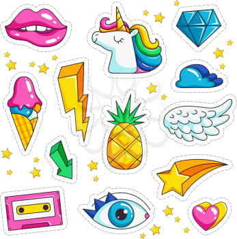 Retro stickers. Cute colored sweet kissing jacket temporary 90th vector icons. Illustration of retro sticker, fashion cartoon patch