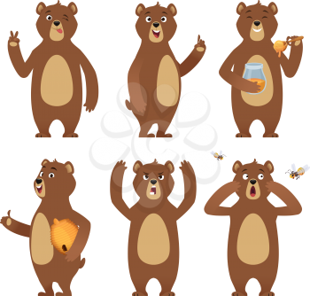 Brown bear cartoon. Wild animal standing at different poses nature characters vector collection. Illustration of brown bear happy, wild character animal
