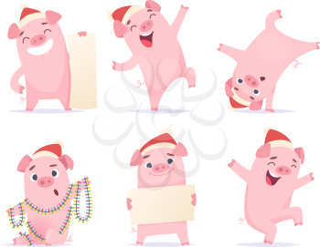 New year cartoon pig. Funny 2019 cute characters boar hog piglet mascot vector illustrations isolated. Celebration happy pig, piggy holding banner