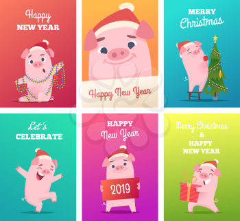 New year cards template. Celebration funny badges with pig boar hog piglet characters vector design projects. Illustration of happy new year 2019 and merry christmas banner