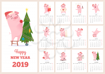 2019 calendar template. New year celebration pig character at design calendar planner pages vector layout diary months. Illustration of calendar to new year with pink pig