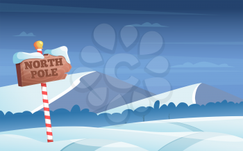 North pole road sign. Snowy background with snow trees night woods wonderland winter holidays vector cartoon illustration. North pole road snow, christmas holiday winter