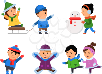 Winter smile characters. Kids snow clothes boys girls christmas party children playing vector illustrations isolated. Happiness kids with sled and skates, snowman and wintertime