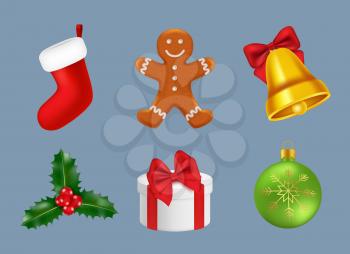 Merry christmas icons realistic. Winter season celebrations of new year symbols tree santa candy reindeer snowman vector 3d. Illustration of christmas gingerbread and gift, bell and sock