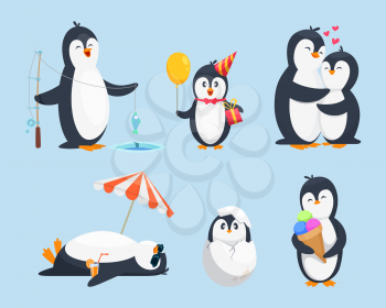 Illustrations of baby pinguins in different poses. Vector cartoon pictures. Penguin baby, animal pinguin character with gift