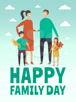 Poster design template with pictures of happy family. Mother, father and little childrens. Stylized vector characters family father and mother together children illustration